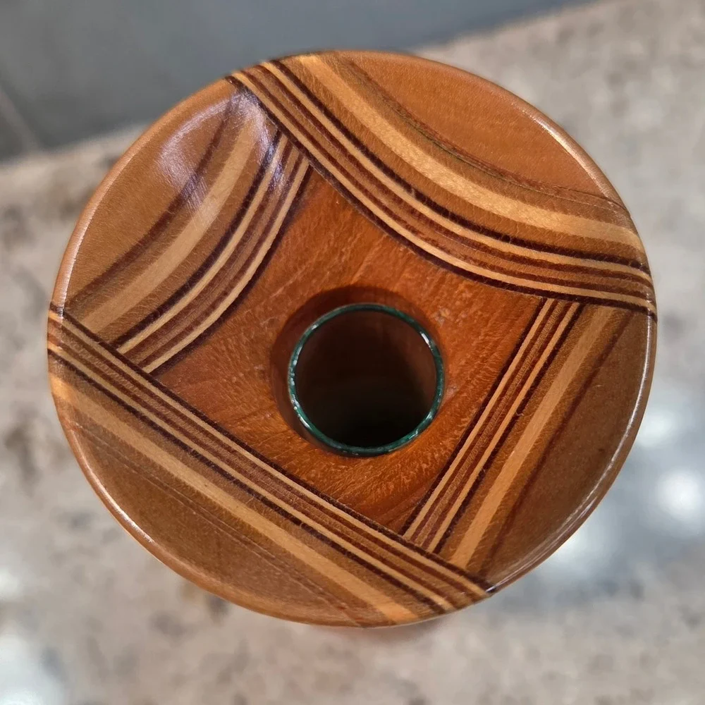 Vintage MCM Laminated Wood Bud Vase Glass Insert Artisan Turned Wood Decor 8.5